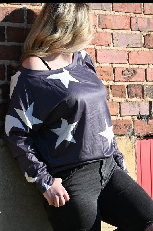 Five-pointed Star Print Round Neck Gray Sweatshirt