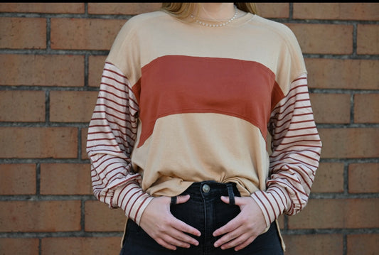 French beige colorblock striped bishop sleeve top