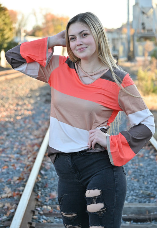 Orange Color Block Criss Cross Flared Sleeve Top