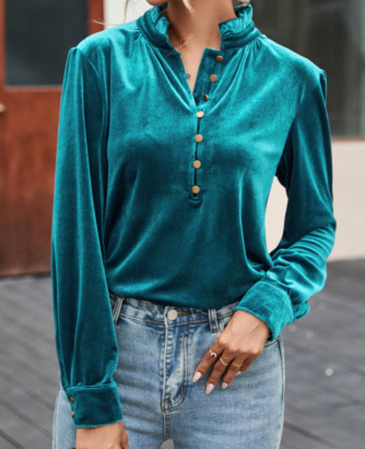 Teal Green Frilled Neck Buttoned Front Velvet Top